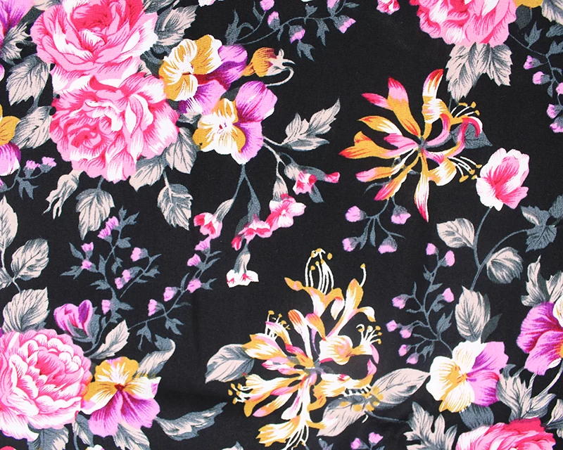 Black Abstract Flowers Cotton Poplin