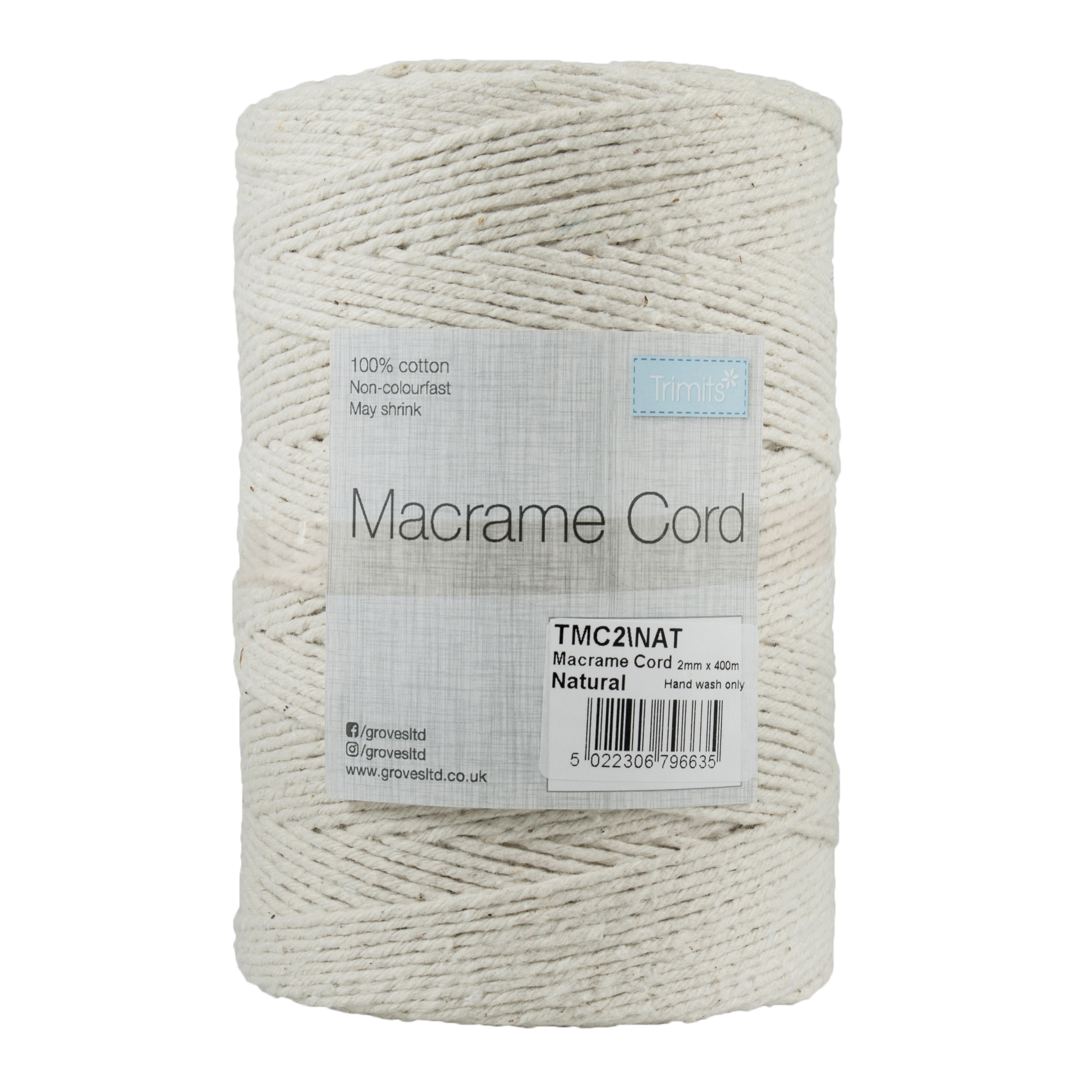 Macramé Cord: Cotton: 400m x 2mm: 0.5kg: Natural