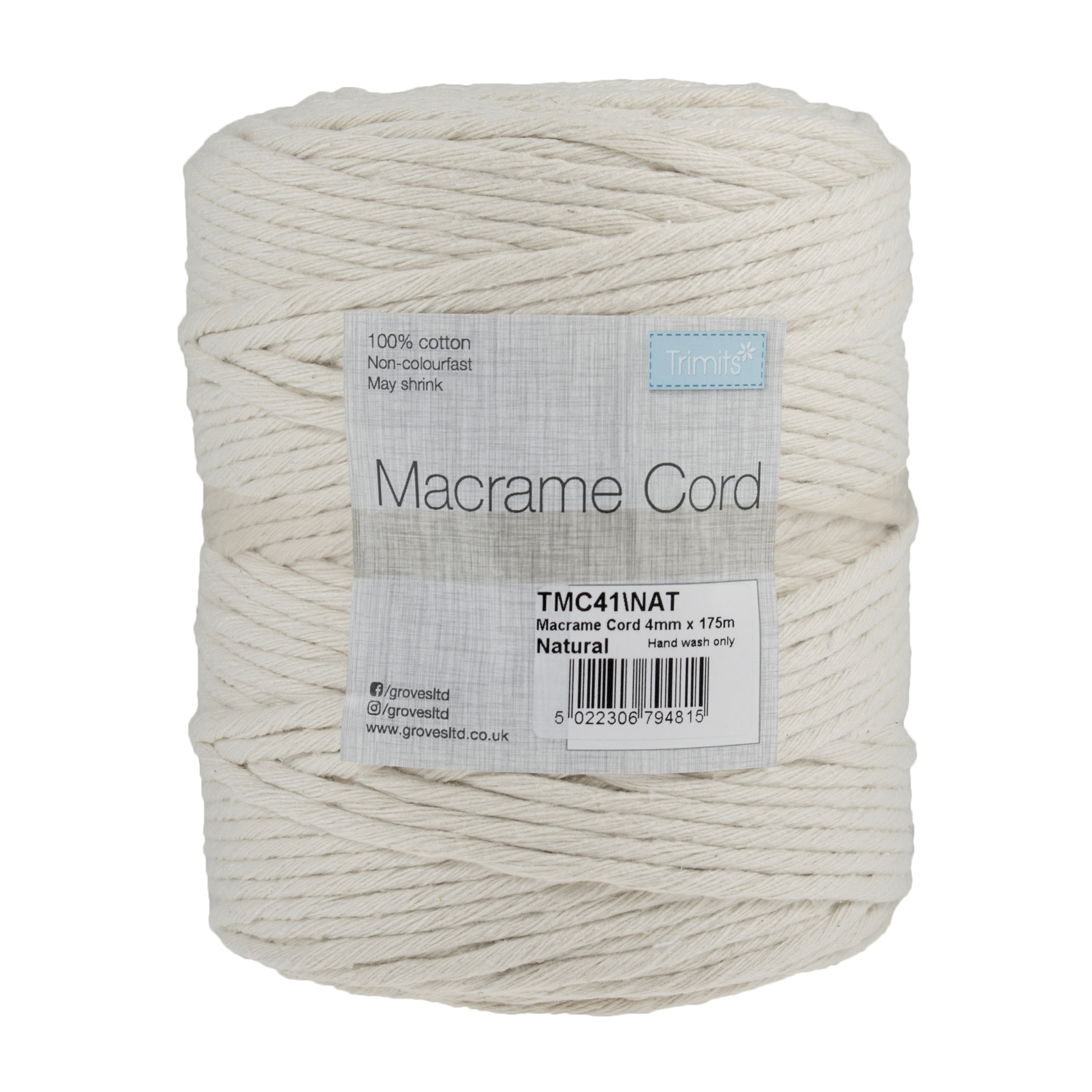 Macramé Cord: Cotton: 175m x 4mm: 1kg: Natural