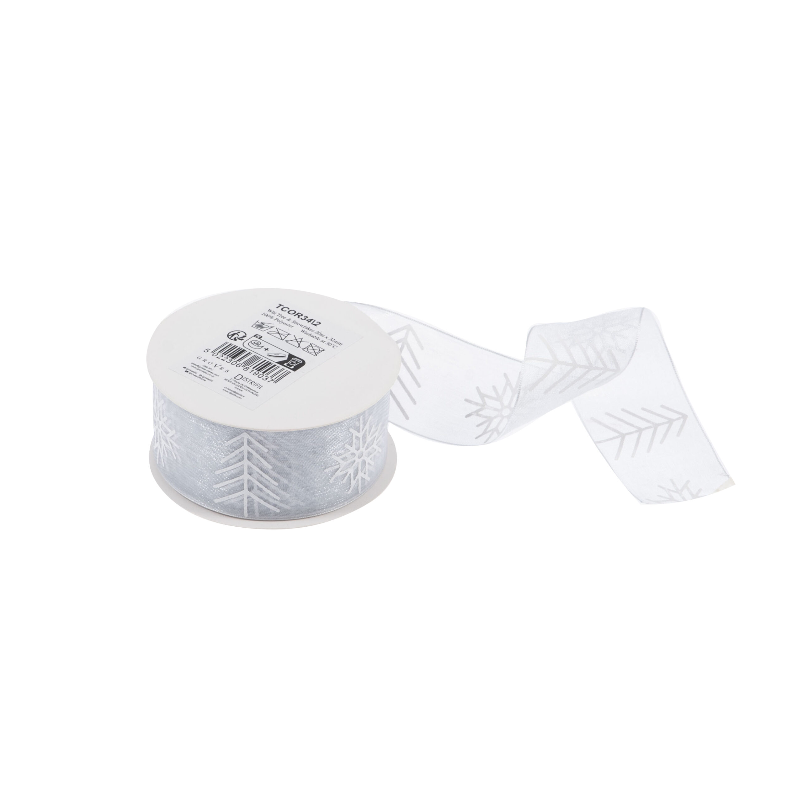 Printed White Trees & Snowflakes 32mm Organza Ribbon - Image 2
